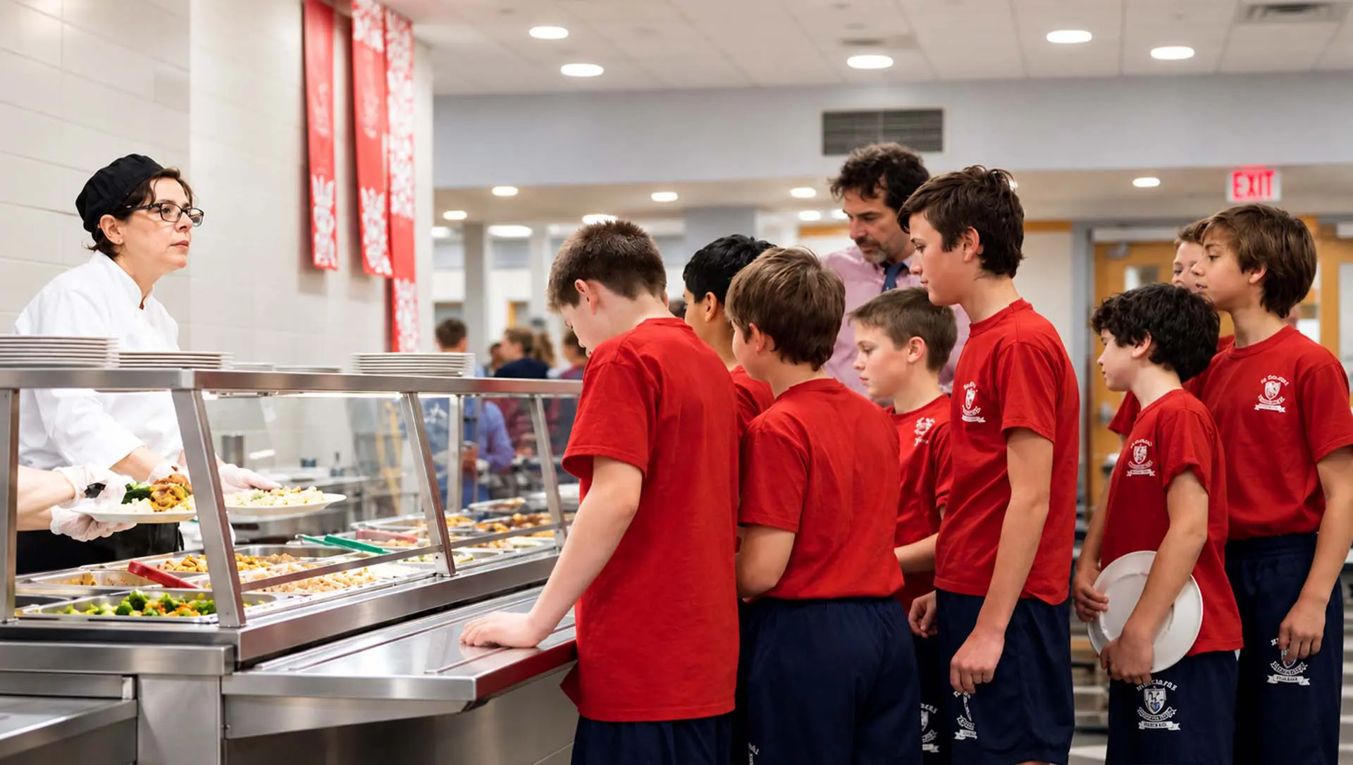 Students wait in line as a cafeteria staff member serves a fresh meal in a school dining hall
